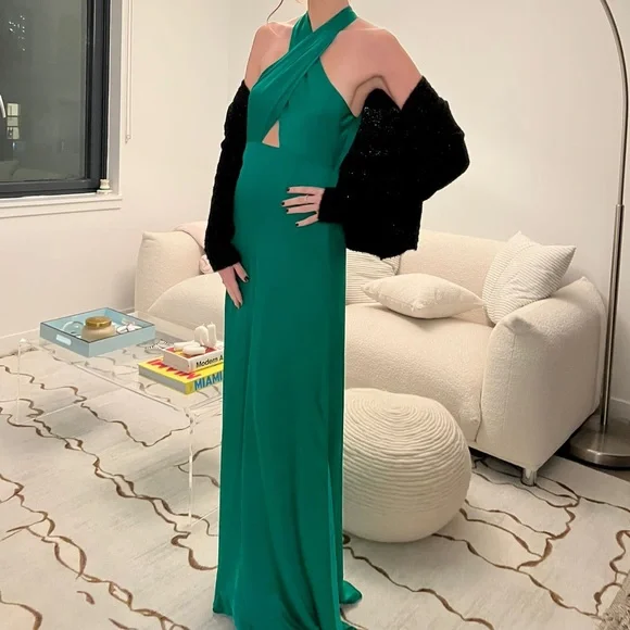 Green silk intermix halter dress floor length in XS